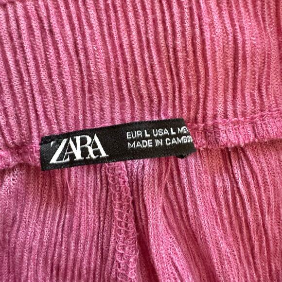Zara Pink Ribbed High Waist Wide Leg Pull On Pants Large Side Slits - Picture 5 of 13